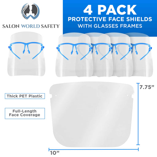 Safety Face Shields with Blue Glasses Frames (Pack of 4) - Ultra Clear Protective Full Face Shields to Protect Eyes Nose Mouth - Anti-Fog PET Plastic