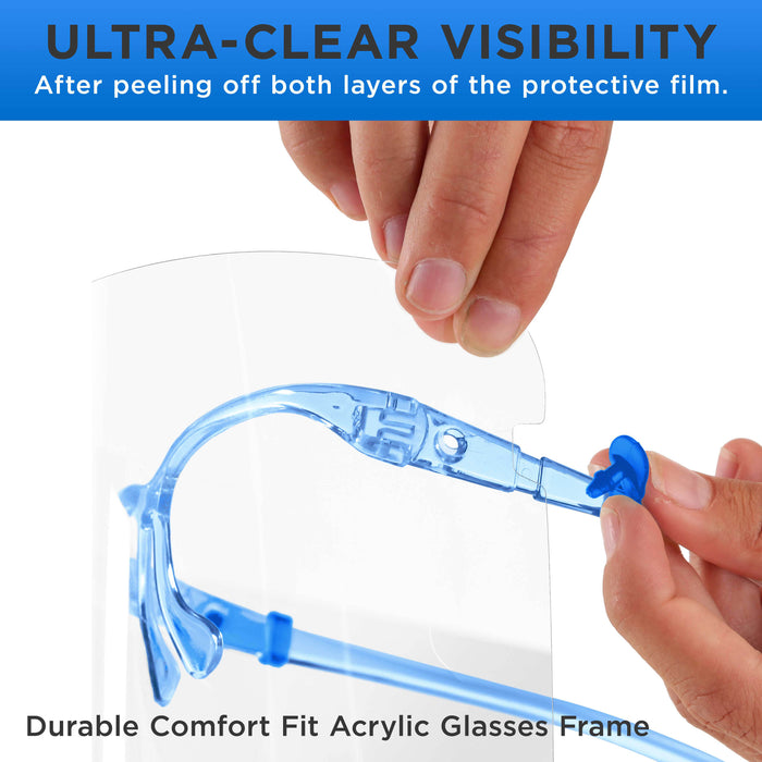 Safety Face Shields with Blue Glasses Frames (Pack of 4) - Ultra Clear Protective Full Face Shields to Protect Eyes Nose Mouth - Anti-Fog PET Plastic