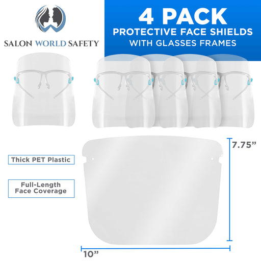 Safety Face Shields with Glasses Frames (Pack of 4) - Ultra Clear Protective Full Face Shields to Protect Eyes, Nose, Mouth - Anti-Fog PET Plastic