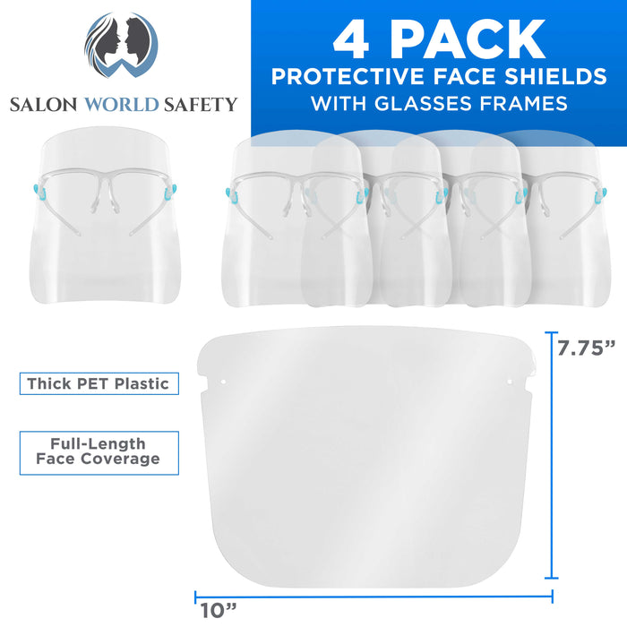 Safety Face Shields with Glasses Frames (Pack of 4) - Ultra Clear Protective Full Face Shields to Protect Eyes, Nose, Mouth - Anti-Fog PET Plastic
