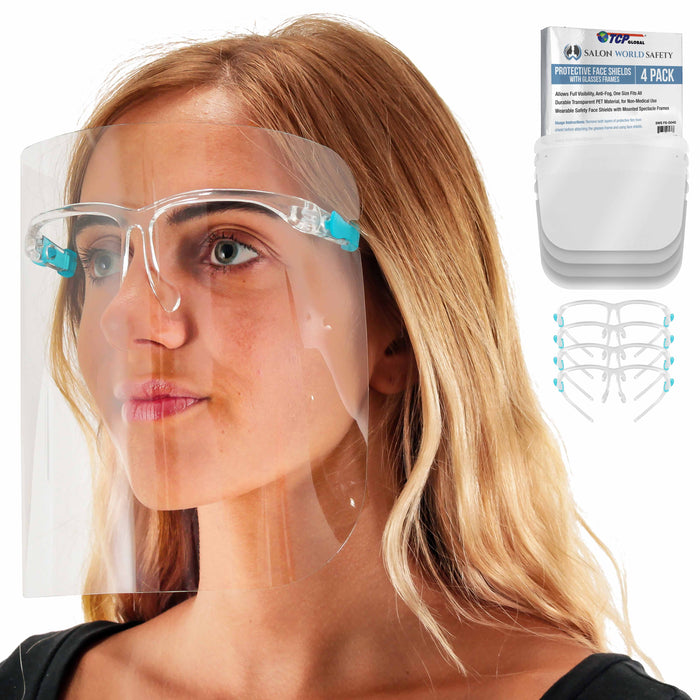 Safety Face Shields with Glasses Frames (Pack of 4) - Ultra Clear Protective Full Face Shields to Protect Eyes, Nose, Mouth - Anti-Fog PET Plastic