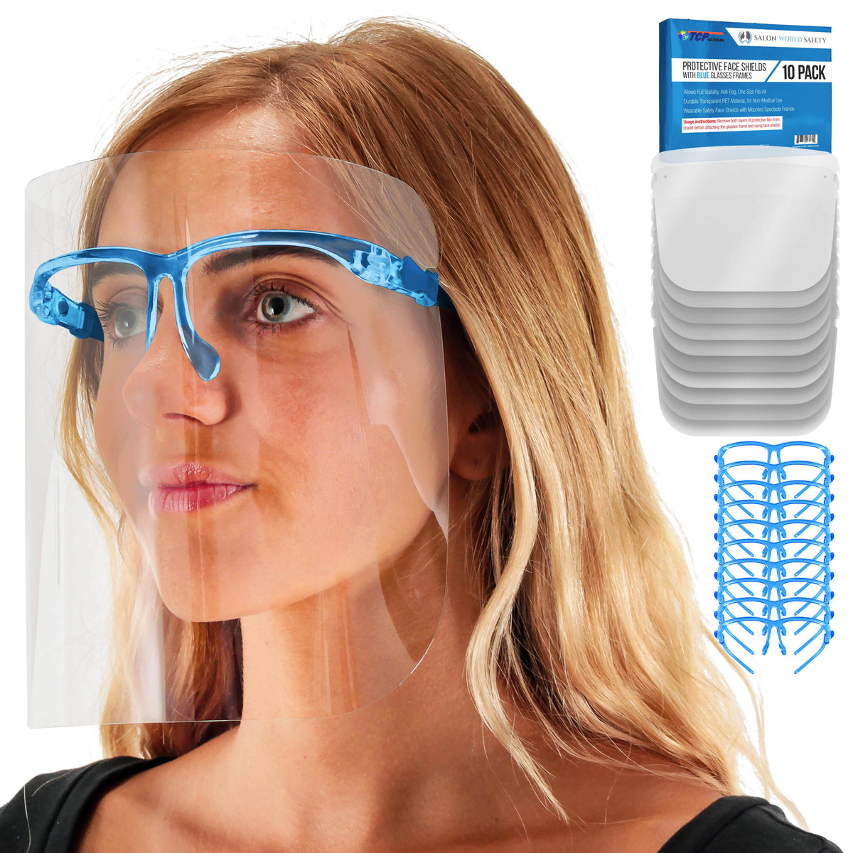 Safety Face Shields with Blue Glasses Frames (Pack of 10) - Ultra