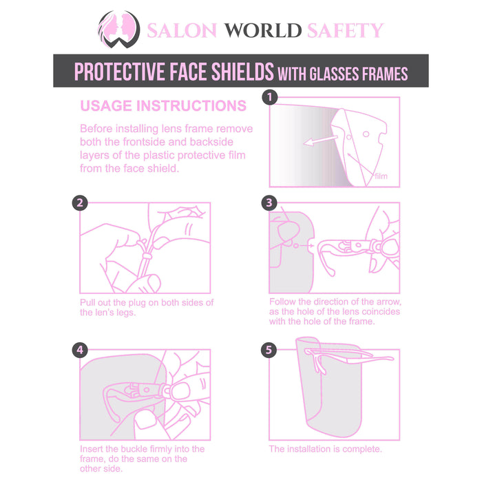 Safety Face Shields with Pink Glasses Frames (Pack of 10) - Ultra Clear Protective Full Face Shields to Protect Eyes Nose Mouth - Anti-Fog PET Plastic