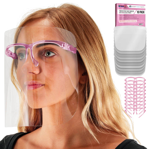 Safety Face Shields with Pink Glasses Frames (Pack of 10) - Ultra Clear Protective Full Face Shields to Protect Eyes Nose Mouth - Anti-Fog PET Plastic