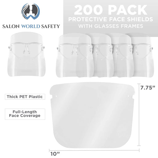 Face Shields with All Clear Glasses Frames (20 Packs of 10) - Ultra Clear Protective Full Face Shields, Protect Eyes Nose Mouth - Anti-Fog PET Plastic