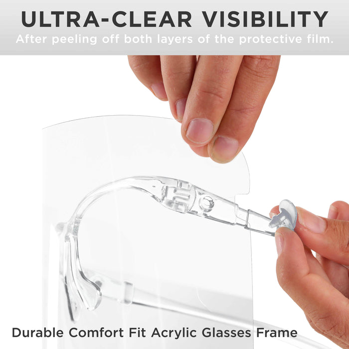 Face Shields with All Clear Glasses Frames (20 Packs of 10) - Ultra Clear Protective Full Face Shields, Protect Eyes Nose Mouth - Anti-Fog PET Plastic