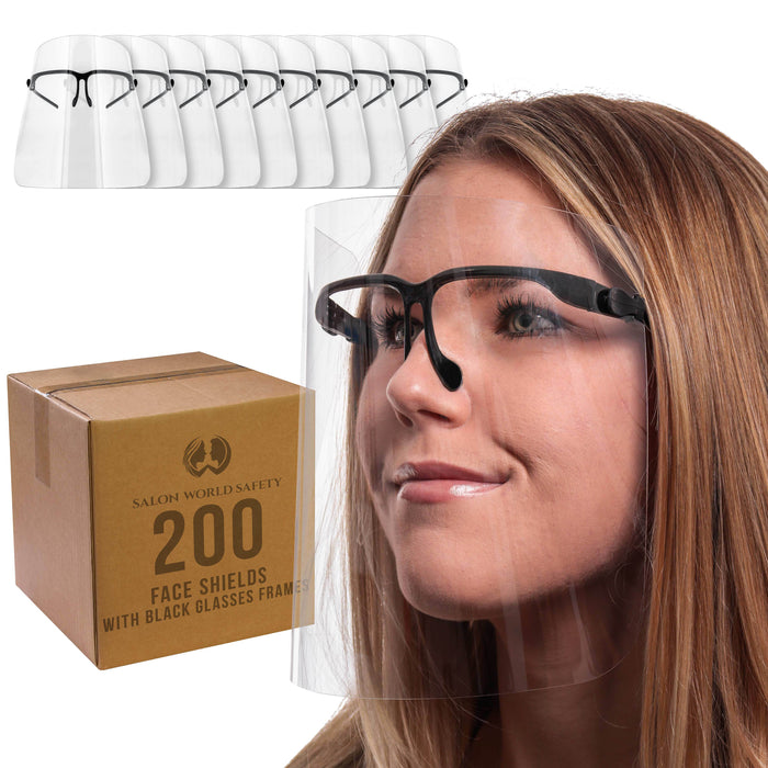 Face Shields with Black Glasses Frames (20 Packs of 10) - Ultra Clear Protective Full Face Shields to Protect Eyes Nose Mouth - Anti-Fog PET Plastic