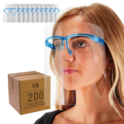 Face Shields with Blue Glasses Frames (20 Packs of 10) - Ultra Clear Protective Full Face Shields to Protect Eyes, Nose, Mouth - Anti-Fog PET Plastic