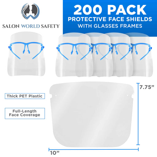 Face Shields with Blue Glasses Frames (20 Packs of 10) - Ultra Clear Protective Full Face Shields to Protect Eyes, Nose, Mouth - Anti-Fog PET Plastic