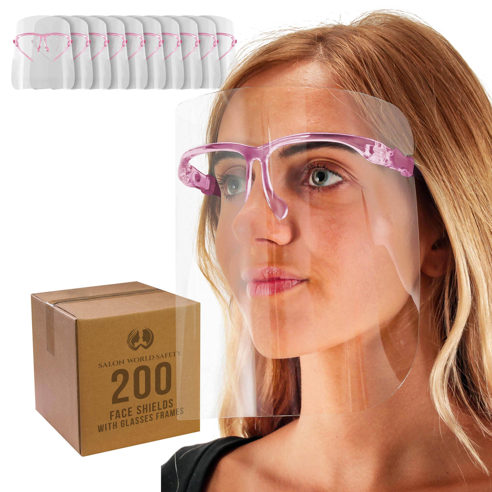 Face Shields with Pink Glasses Frames (20 Packs of 10) - Ultra Clear Protective Full Face Shields to Protect Eyes, Nose, Mouth - Anti-Fog PET Plastic