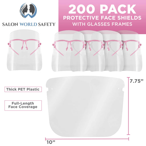 Face Shields with Pink Glasses Frames (20 Packs of 10) - Ultra Clear Protective Full Face Shields to Protect Eyes, Nose, Mouth - Anti-Fog PET Plastic