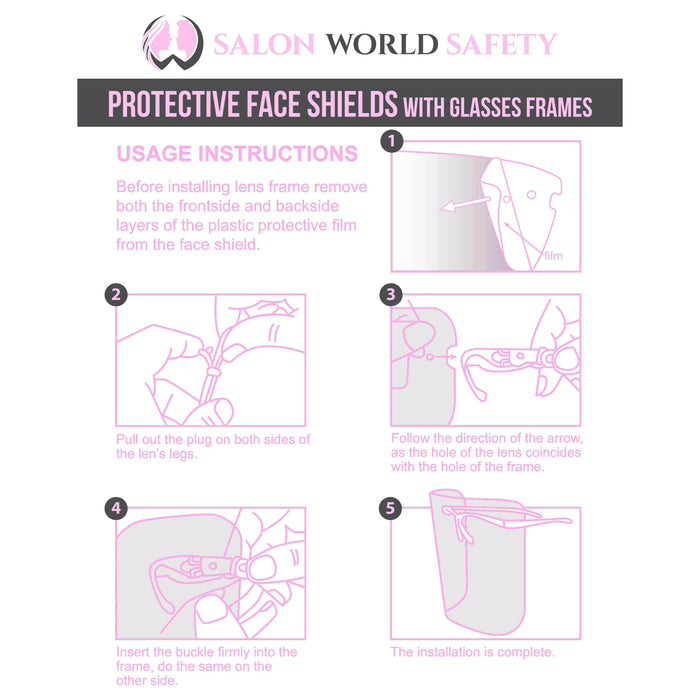 Face Shields with Pink Glasses Frames (20 Packs of 10) - Ultra Clear Protective Full Face Shields to Protect Eyes, Nose, Mouth - Anti-Fog PET Plastic