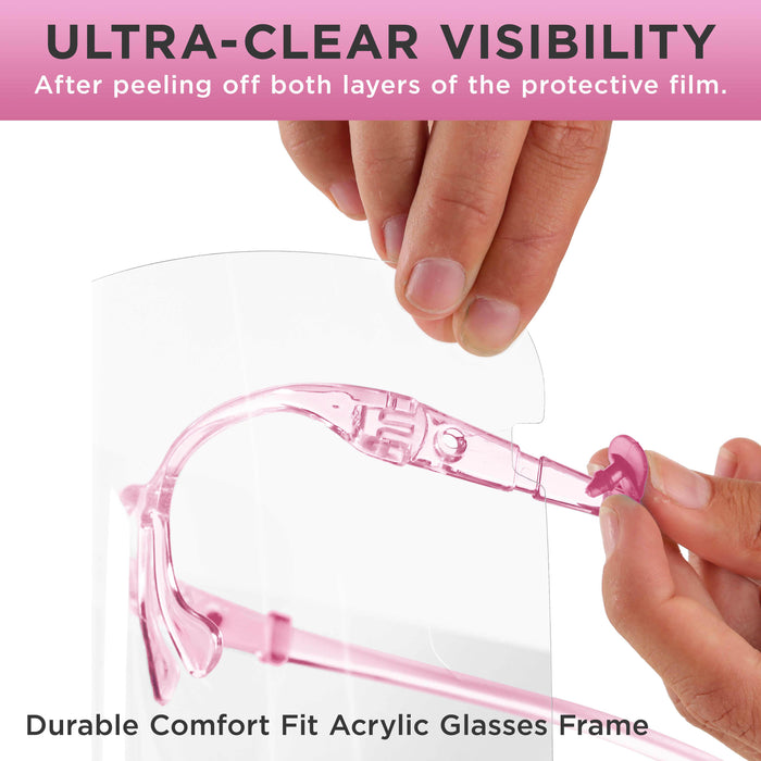 Safety Face Shields with Pink Glasses Frames (Pack of 25) - Ultra Clear Protective Full Face Shields to Protect Eyes Nose Mouth - Anti-Fog PET Plastic