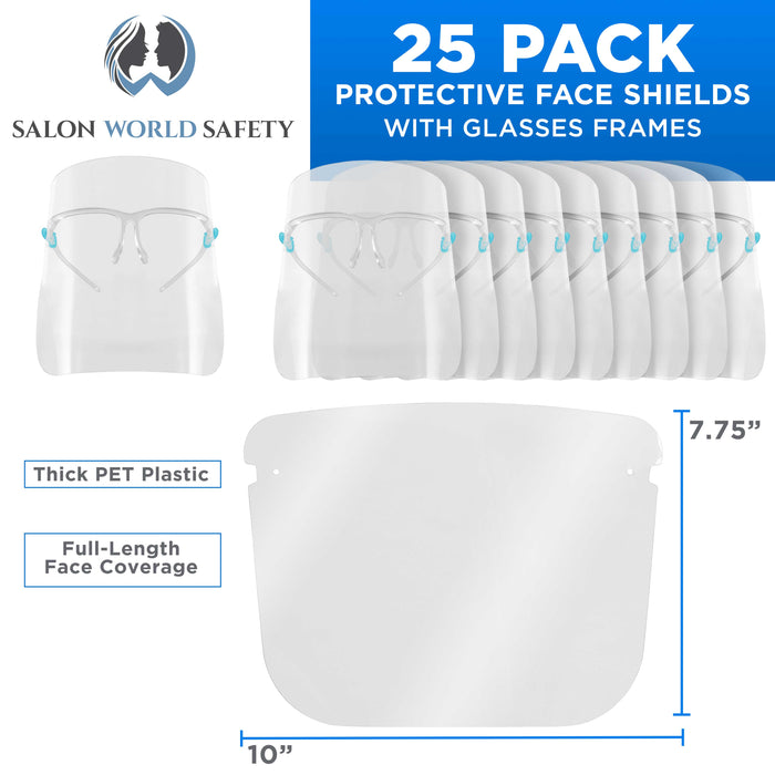 Safety Face Shields with Glasses Frames (Pack of 25) - Ultra Clear Protective Full Face Shields to Protect Eyes, Nose, Mouth - Anti-Fog PET Plastic