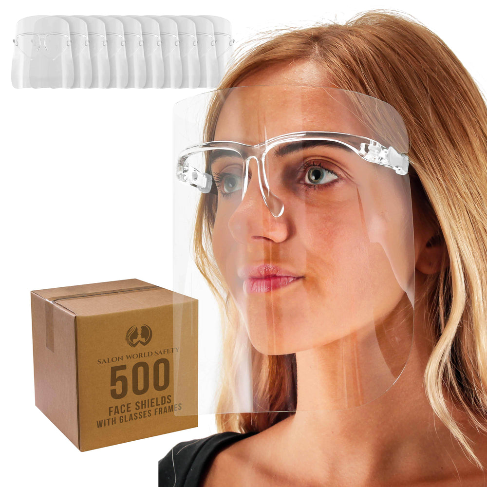 Face Shields with All Clear Glasses Frames (20 Packs of 25) - Ultra Clear Protective Full Face Shields, Protect Eyes Nose Mouth - Anti-Fog PET Plastic