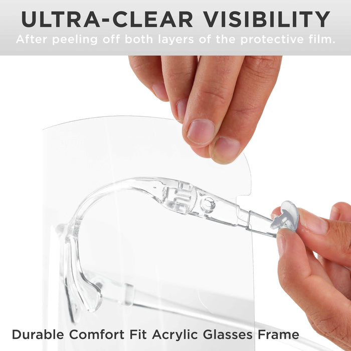 Face Shields with All Clear Glasses Frames (20 Packs of 25) - Ultra Clear Protective Full Face Shields, Protect Eyes Nose Mouth - Anti-Fog PET Plastic