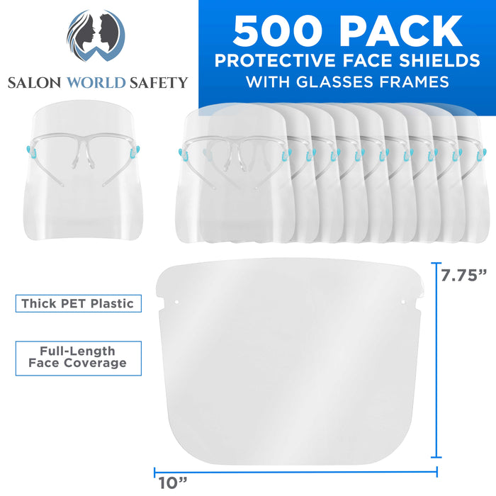 500 Safety Face Shields with Glasses Frames (20 Packs of 25) - Ultra Clear Protective Full Face Shields, Protect Eyes Nose Mouth, Anti-Fog PET Plastic