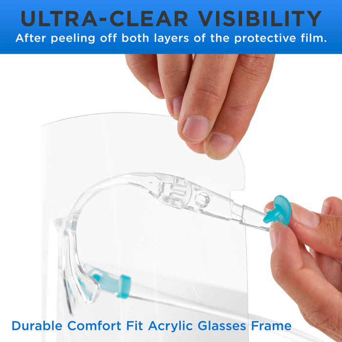 500 Safety Face Shields with Glasses Frames (20 Packs of 25) - Ultra Clear Protective Full Face Shields, Protect Eyes Nose Mouth, Anti-Fog PET Plastic