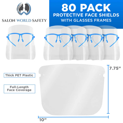 Face Shields with Blue Glasses Frames (20 Packs of 4) - Ultra Clear Protective Full Face Shields to Protect Eyes, Nose, Mouth - Anti-Fog PET Plastic