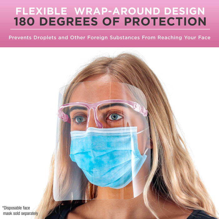 Face Shields with Pink Glasses Frames (20 Packs of 4) - Ultra Clear Protective Full Face Shields to Protect Eyes, Nose, Mouth - Anti-Fog PET Plastic