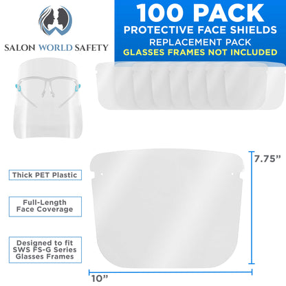 Replacement Face Shields Only (10 Packs of 10), Glasses Frames Not Included, Ultra Clear, Protect Eyes Mouth, Anti-Fog PET Plastic