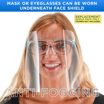Replacement Face Shields Only (10 Packs of 10), Glasses Frames Not Included, Ultra Clear, Protect Eyes Mouth, Anti-Fog PET Plastic