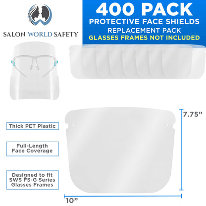 Replacement Face Shields Only (40 Packs of 10), Glasses Frames Not Included, Ultra Clear, Protect Eyes Mouth, Anti-Fog PET Plastic