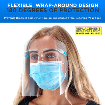 Replacement Face Shields Only (40 Packs of 10), Glasses Frames Not Included, Ultra Clear, Protect Eyes Mouth, Anti-Fog PET Plastic