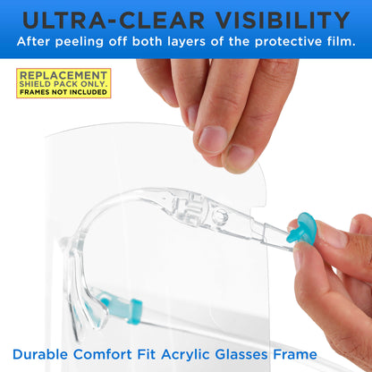 Replacement Face Shields Only (40 Packs of 10), Glasses Frames Not Included, Ultra Clear, Protect Eyes Mouth, Anti-Fog PET Plastic