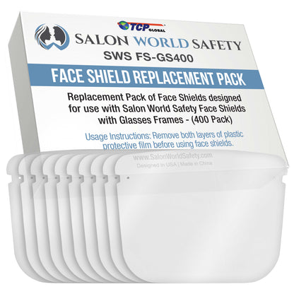 Replacement Face Shields Only (40 Packs of 10), Glasses Frames Not Included, Ultra Clear, Protect Eyes Mouth, Anti-Fog PET Plastic