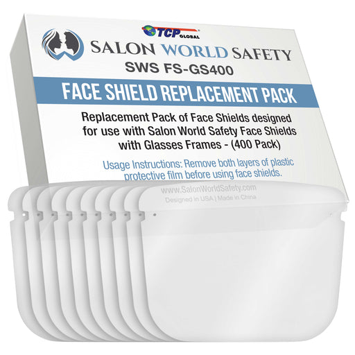 Salon World Safety Replacement Face Shields Only (40 Packs of 10), Glasses Frames Not Included, Ultra Clear, Protect Eyes Mouth, Anti-Fog PET Plastic