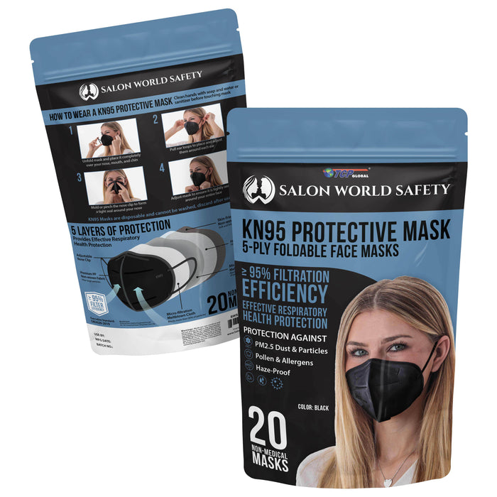 Black KN95 Protective Masks, Pack of 20 - Filter Efficiency ≥95%, 5-Layers, Protection Against PM2.5 Dust, Pollen - Sanitary 5-Ply Non-Woven Fabric