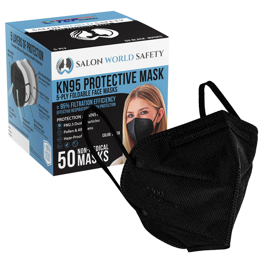 Black KN95 Protective Masks, Box of 50 - Filter Efficiency ?95%, 5-Layers, Protection Against PM2.5 Dust, Pollen, Haze-Proof - Sanitary 5-Ply