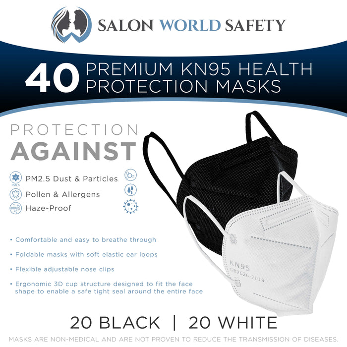 KN95 Protective Masks, Pack of 20 White & 20 Black - Filter Efficiency ≥95%, 5-Layers, Sanitary 5-Ply Non-Woven Fabric, Safe, Easy Breathing