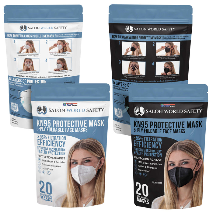 KN95 Protective Masks, Pack of 20 White & 20 Black - Filter Efficiency ≥95%, 5-Layers, Sanitary 5-Ply Non-Woven Fabric, Safe, Easy Breathing