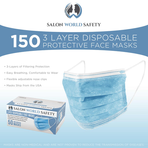 Bulk 3 Boxes (150 Masks) in Sealed Dispenser Boxes of 50 - 3 Layer Disposable Protective Face Masks with Nose Clip & Ear Loops, 3-Ply Non-Woven Fabric