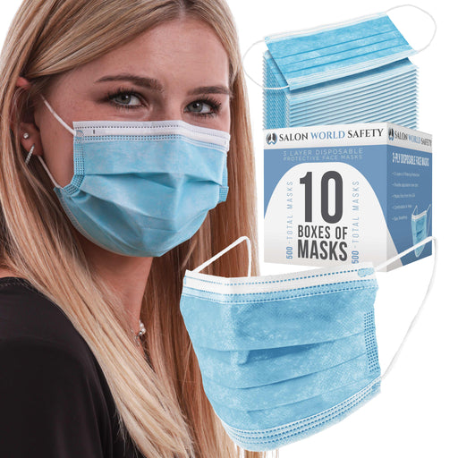 Bulk 10 Boxes (500 Masks) in Sealed Dispenser Boxes of 50 - 3 Layer Disposable Protective Face Masks with Nose Clip Ear Loops, 3-Ply Non-Woven Fabric