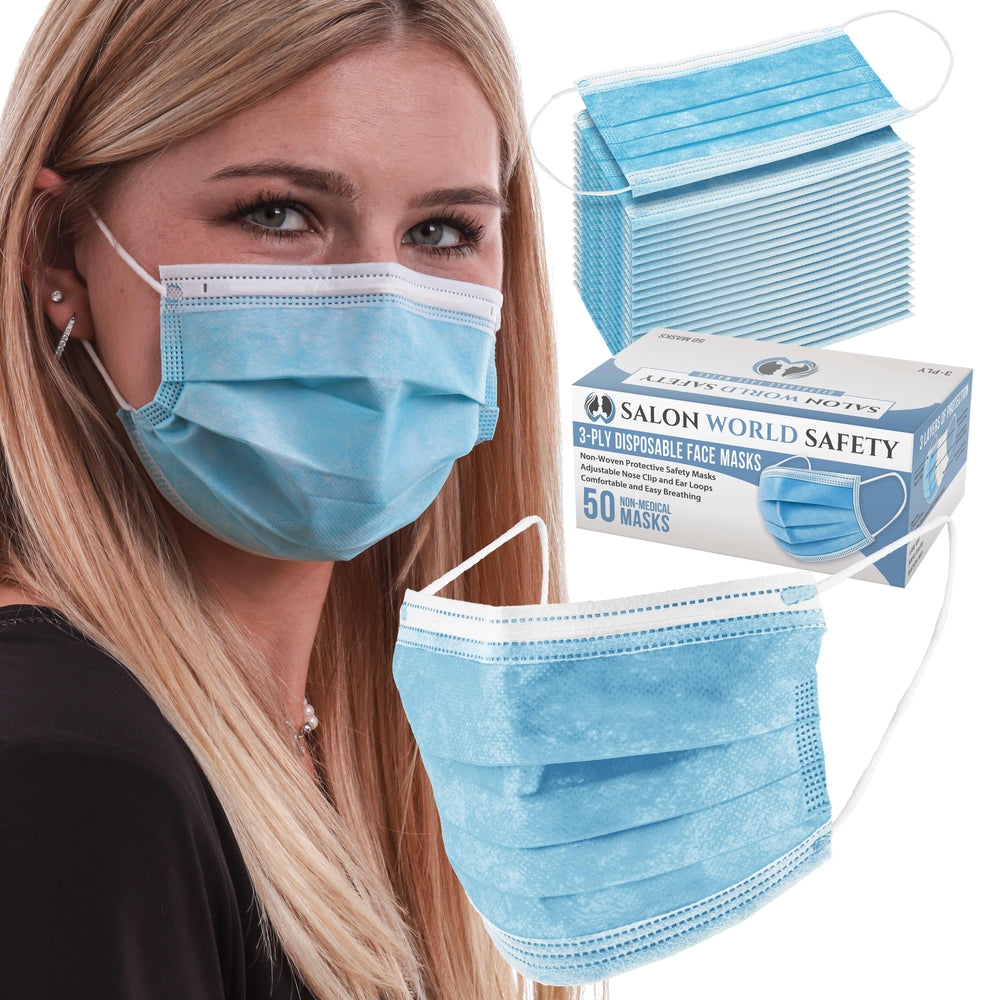 Sealed Dispenser Box of 50 - 3 Layer Disposable Protective Face Masks with Nose Clip and Ear Loops - Sanitary 3-Ply Non-Woven Fabric