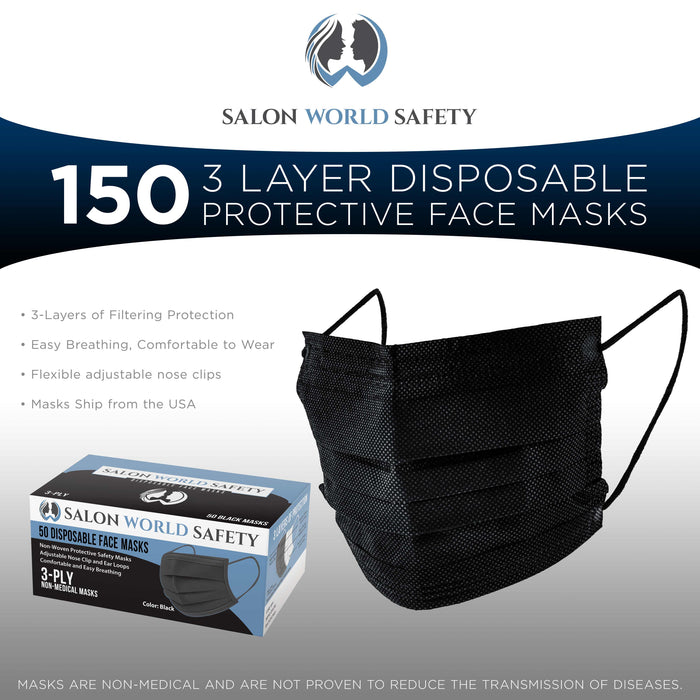 Salon World Safety Black Masks - Bulk 3 Boxes (150 Masks) in Sealed Dispenser Boxes of 50 - 3 Layer Disposable Protective Face Masks, 3-Ply Fabric