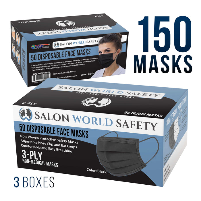 Salon World Safety Black Masks - Bulk 3 Boxes (150 Masks) in Sealed Dispenser Boxes of 50 - 3 Layer Disposable Protective Face Masks, 3-Ply Fabric