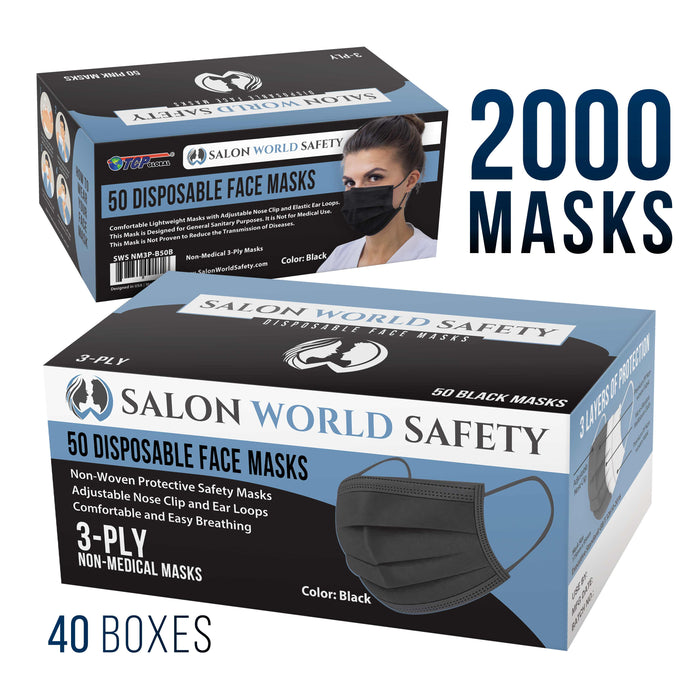 Salon World Safety Black Masks - Bulk 40 Boxes (2000 Masks) in Sealed Dispenser Boxes of 50 - 3 Layer Disposable Protective Face Masks, 3-Ply Fabric