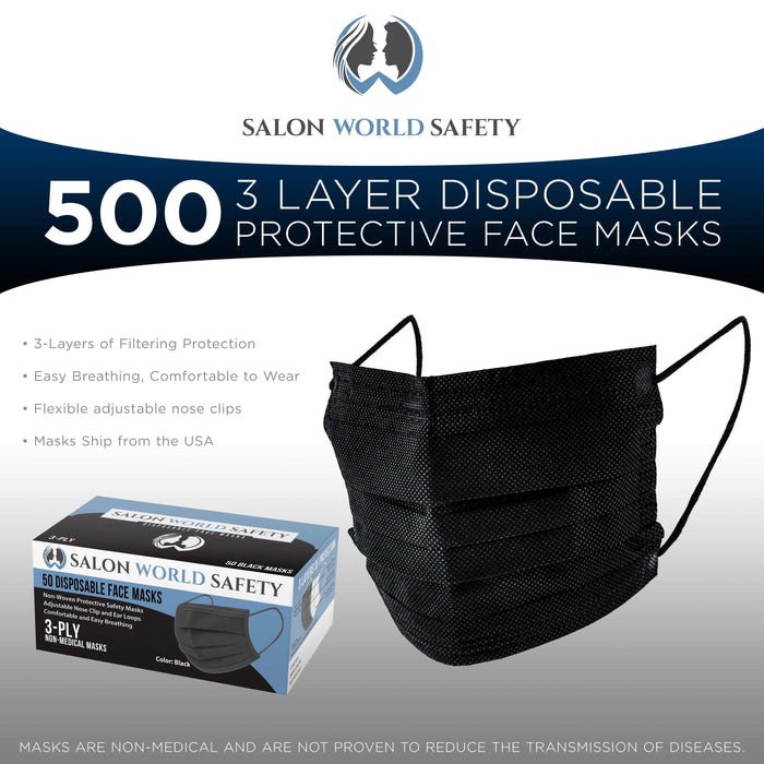 Salon World Safety - Black Face Masks 10 Boxes (500 Masks) Breathable Disposable 3-Ply Protective PPE with Nose Clip and Ear Loops