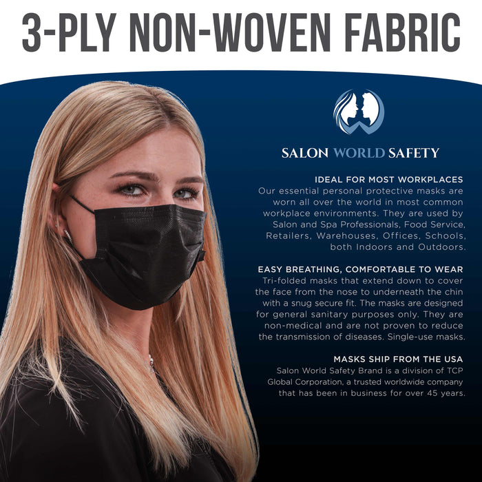 Salon World Safety - Black Face Masks 10 Boxes (500 Masks) Breathable Disposable 3-Ply Protective PPE with Nose Clip and Ear Loops