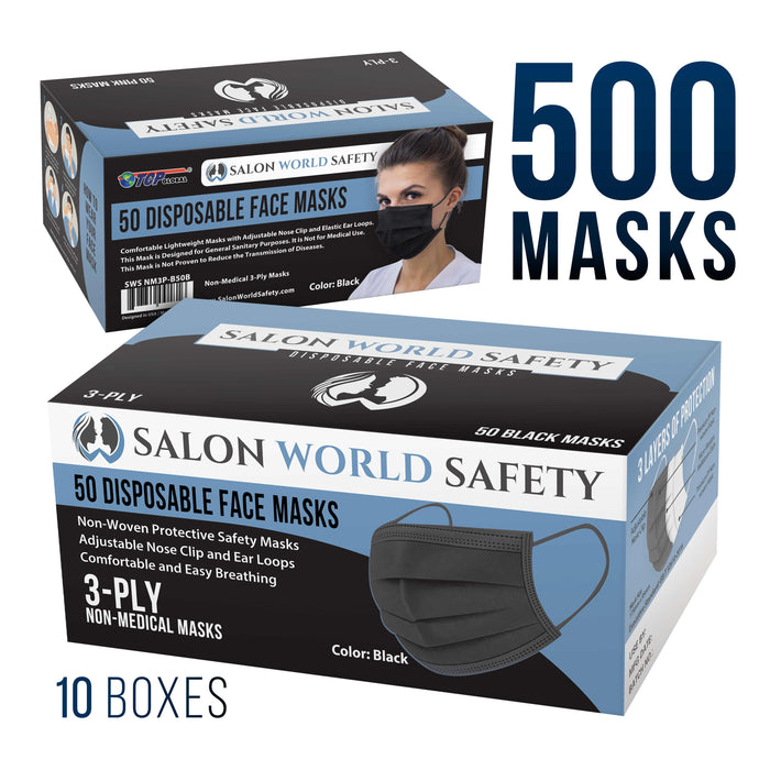 Salon World Safety - Black Face Masks 10 Boxes (500 Masks) Breathable Disposable 3-Ply Protective PPE with Nose Clip and Ear Loops