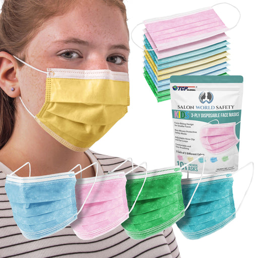 Salon World Safety Kids Masks (Sealed Package of 10) - 5 Colors, 2 Each - 3 Layer Disposable Protective Children's Face Masks - 3-Ply Non-Woven Fabric
