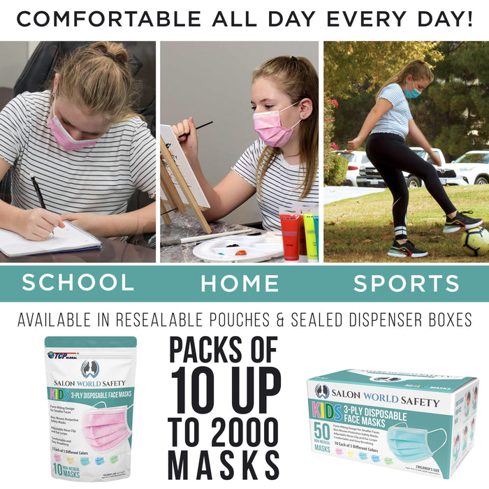 Kids Masks - Bulk 3 Boxes (150 Masks) in Sealed Dispenser Boxes of 50 - 5 Colors, 30 Each - 3 Layer Disposable Protective Children's Face Masks