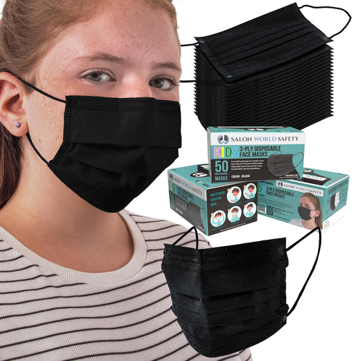 Kids Masks - Bulk 3 Boxes (150 Masks) in Sealed Dispenser Boxes of 50 - Black - 3 Layer Disposable Protective Children's Face Masks