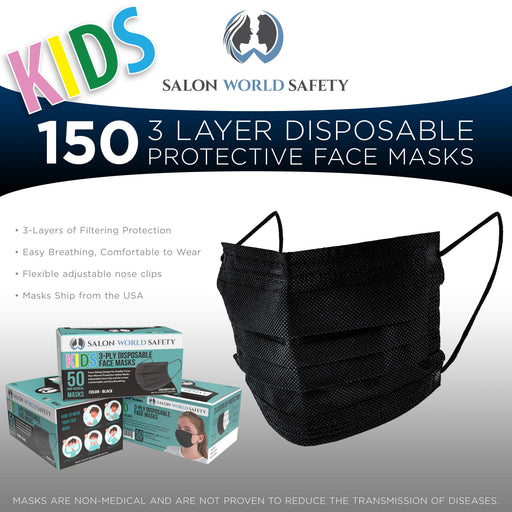 Kids Masks - Bulk 3 Boxes (150 Masks) in Sealed Dispenser Boxes of 50 - Black - 3 Layer Disposable Protective Children's Face Masks