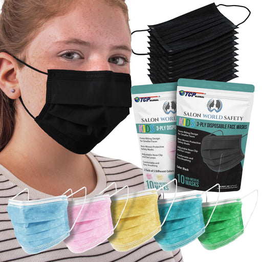 Black and Assorted Colors Kids Face Masks Variety Pack (2 Pouches - 20 Masks Total) Breathable Disposable 3-Ply Protective PPE, Nose Clip Ear Loops