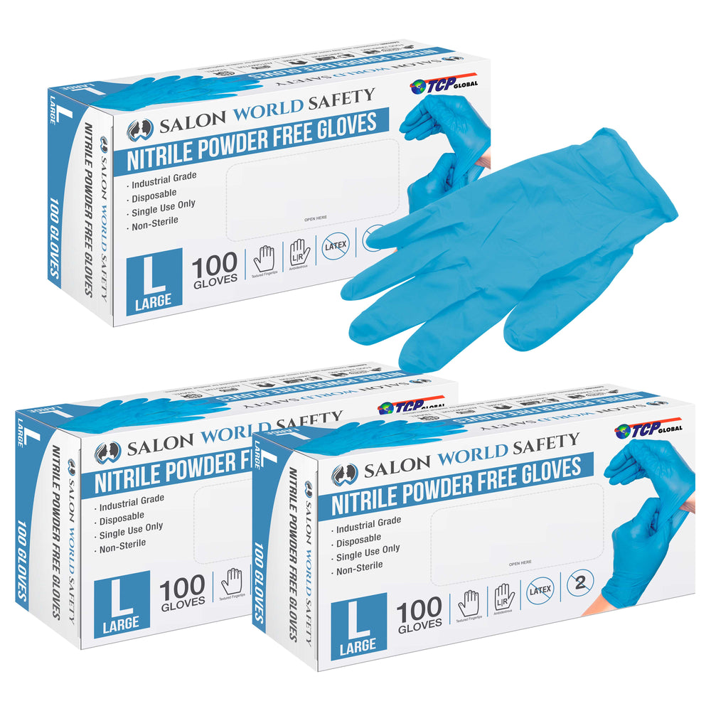 Blue Nitrile Disposable Gloves, 3 Boxes of 100 - Large, 3.5 Mil Thick - Latex and Powder Free, Textured Tips, Food Safe, Extra-Strong Protection